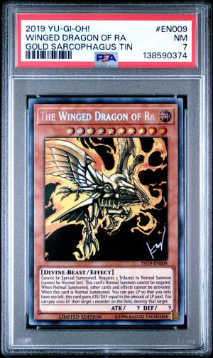 PSA 7 The Winged Dragon of Ra TN19-EN009 Gold Sarcophagus Tin Prismatic Secret