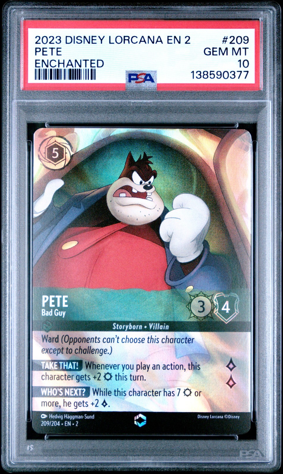 Disney Lorcana 2023 EN2 Pete Bad Guy Card 209/204 Enchanted, PSA 10 Gem Mint