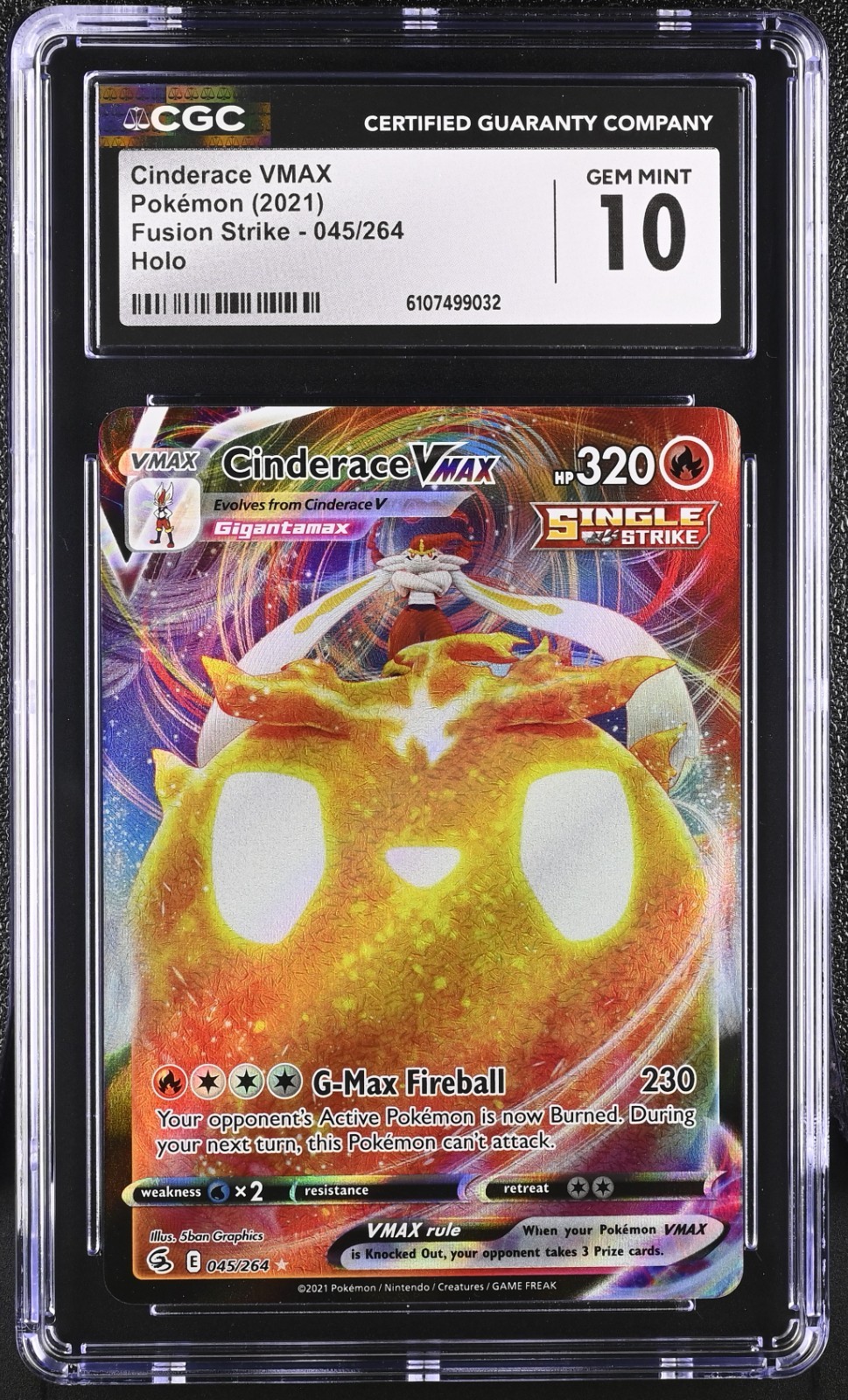 2021 POKEMON SWORD & SHIELD FUSION STRIKE #045 FULL ART/CINDERACE VMAX CGC 10 - Image 3